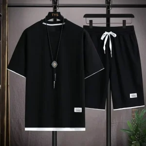 Men’s Loose Knitted Print Short Sleeved T shirt and Sports Shorts Set Casual Sportswear Korean Fashion Summer
