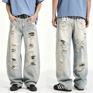 Men’s Loose Leg Custom Distressed Stack Jeans Regular Fit Pearled Jeans