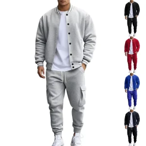 Men’s Loose Sportswear Set Stand Collar Baseball Jacket With Breathable Knitted Trousers Casual Workout Tracksuit Polyester