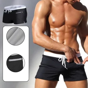 Men’s Low Rise Slim Fit Swim Trunks Briefs Swimwear Swim Shorts with Zipper Pockets Smooth Quick Dry