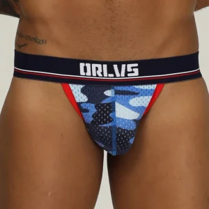 Men’s Low Waist T-Back G-String Breathable Navy Camouflage Jockstrap Hip Revealing Underwear Knitted