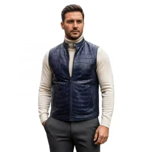 Men’s Luxury Business Style Sheepskin Croc Embossed Vest Custom Exotic Texture Fit Sleeveless Stand Collar Leather Waistcoat