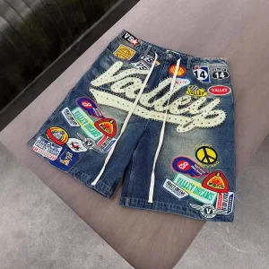 Men’s Luxury Rhinestone Denim Shorts Y2K Baggy Jorts Patchwork Embroidered Jean Shorts Custom Logo High Street Hip Hop Shorts