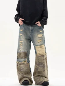Men’s Mid-Waist Straight Cotton Denim Jeans Ripped Embroidery Eco-Friendly Quick Dry Color Fade Proof All Seasons Casual Fit