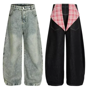 Men’s Mid Waist Wed Leg Patchwork Breathable Jeans Casual High Street Streetwear Style Baggy Fit Denim Pants