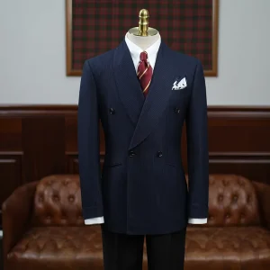 Men’s Midnight Navy Pinstripe Blazer Shawl Lapel Double Breasted Dinner Jacket Luxury Tuxedo Evening Gala