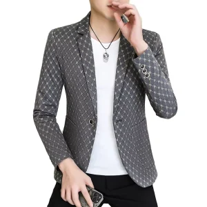 Men’s Monogram Print Blazer Slim Fit Grey Suit Jacket Designer Style Casual Formal Blazers for Men