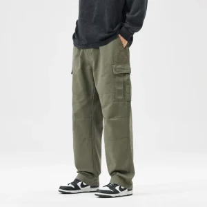 Men’s Multi Pocket Cargo Pants Loose Straight Wide Leg Workwear Trousers Pure Cotton Solid Color Washed Wear Resistant Pants