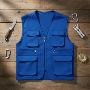 Men’s Multi Pocket V Neck Zipper Vest with Breathable 100% Polyester Anti Wrinkle Formal Work Outerwear for Spring Season
