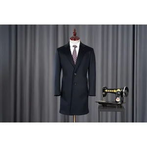 Men’s Navy Blue Woolen Coat Long Style Single Breasted Slim Fit Suit Jacket