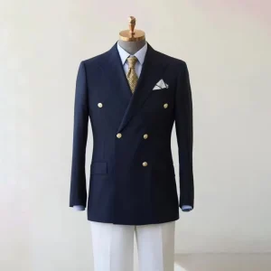 Men’s Navy Double Breasted Wool Blazer 2 Button Coat Solid Casual Jacket Tops For Business Wedding Party