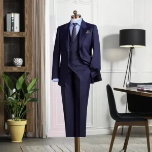 Men’s Navy Slim Business 3-Piece Suit Single-Breasted 2-Button Zipper Fly Flat-Front Breathable Plus Size High Quality 100% Wool