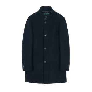 Men’s Navy Stand Collar Wool Blend Coat Quilted Lined Mid Length Winter Overcoat