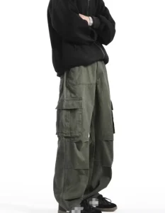 Men’s New Multi-Pocket Cargo Pants Outdoor Loose Casual High Street Wide Leg Straight Solid Color