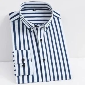 Men’s Non iron Stretch Spandex Long Sleeve Striped Dress Shirts Regular Fit Turn down Collar Formal Casual Shirts