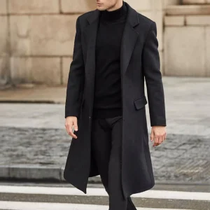 Men’s Notch Lapel Double Breasted Long Trench Coat Casual Cotton Blend Peacoat