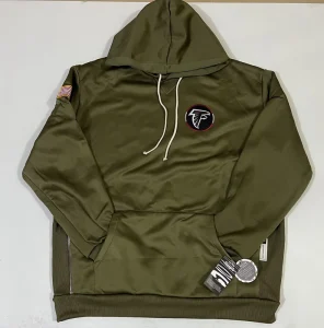 Men’s Olive Green Falcons Logo Pullover Hoodie Performance Fleece 100% Polyester Hooded Sweatshirt US Flag Patch Kangaroo Pocket