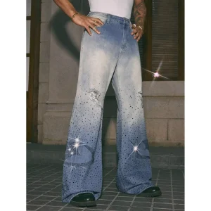 Men’s Ombre Blue Rhinestone Jeans Faded Washed Flare Leg Denim Pants with Ripped Details and Crystal Letter Patch Y2K