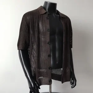 Men’s Open Knit Cardigan Polo Shirt Hollow Out Crochet Button-Down Short Sleeve Loose Fit OEM Custom Summer Knitwear