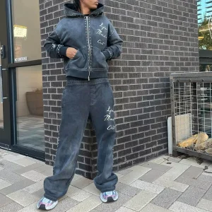 Men’s Oversize Zip Rhinestone Custom French Terry Cotton Black Acid Wash Casual Tracksuit Sweatpants Hoodie