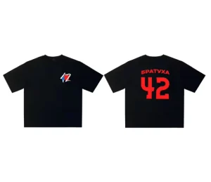 Men’s Oversized Black T-Shirt Shiny Screen Print Breathable Number42 Graphic Streetwear Casual 100% Cotton Tees