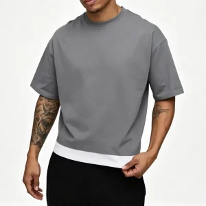 Men’s Oversized Boxy Faux Layer T Shirt 100% Cotton 270 Grams Heavyweight Short Sleeve Men’s Tee for Custom