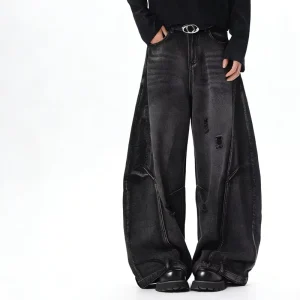 Men’s Oversized Extreme Wide Leg Jeans Distressed Black Wash Denim Pants with Architectural Seams Curved-leg Jeans