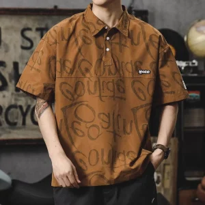Men’s Oversized Graffiti Print Polo Shirt Casual Hip Hop Streetwear Short Sleeve Turn Down Collar T Shirts