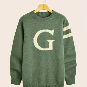 Men’s Oversized Intarsia Knit Sweater Cotton Crew Neck Pullover Letter Pattern Knitted Jumper