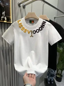Men’s Oversized Knitted T-shirt Breathable Skin Friendly Soft Pure Cotton Neck Embroidery High-quality Casual