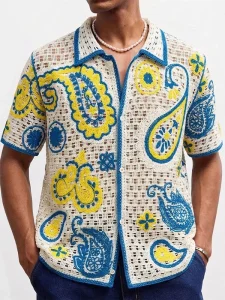 Men’s Paisley Jacquard Crochet Knit Shirt Hollow Out Button-Down Turn-Down Collar Short Sleeve OEM Custom Knitwear