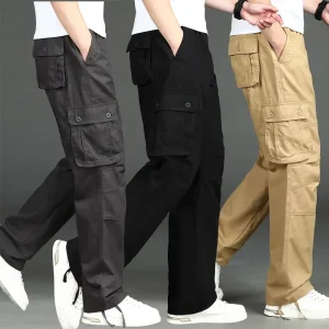 Men’s Pants Casual Elastic Straight Long Trousers Pockets Cotton Solid Color Work Fashion Popular Breathable Pants