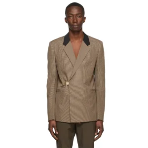 Men’s Plaid Blazer with Buckle Closure Contrast Collar Slim Fit Fashion Suit Jacket