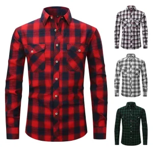 Men’s Plaid Long-Sleeve Shirts Smart Casual Chemises with Double Pockets Yarn Dyed