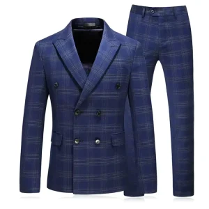 Men’s Plaid Suit High Quality Gentleman Double Breasted Blazer 3 Pcs Set Slim Fit Wedding Male Blazer Jacket Coat Pants Vest