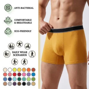Men’s Plain Knitted Boxer Shorts 100% Cotton Antibacterial Breathable Casual Underwear with Waist Logo for Daily Wear