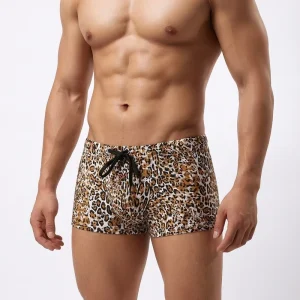 Men’s Plus Size Adjustable Drawstring Customized Ice Silk Printed Leopard Pattern Men’s Swimming Shorts Trunk Swimwear Beachwear