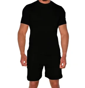 Men’s Plus Size Black Slim Fit 100% Cotton Sports Set Short Sleeve T Shirt Shorts 2 Piece Activewear for Gym Workout Casual Wear
