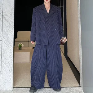 Men’s Plus Size Breathable Elegant Casual Work Wear 2 Piece Striped V neck Italian Style Blazer Pants Suit Single Breasted