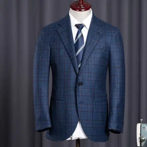 Men’s Plus Size Casual Coat Slim Fit Blue Checkered Single Breasted Business Suit Jacket Breathable