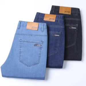Men’s Plus Size Ice Silk Jeans 100kg Summer Thin Loose Fit Stretch Straight Leg Business Casual Pants