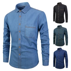 Men’s Plus Size Long Sleeve Cotton Denim Shirt Casual Dress Jeans Shirt