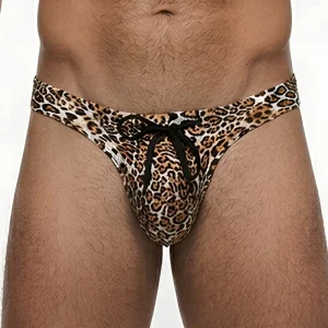 Men’s Plus Size Low Waist Ice Silk Printed Adjustable Drawstring Leopard Pattern Swim T Back Bikini Shorts