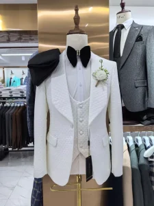 Men’s Plus Size Slim Jacquard Casual Groom Tuxedos 3 Piece Set White Single Breasted Blazer Pleated Front Style Shawl Lapel