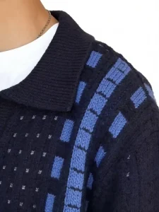 Men’s Polo Collar Knit Pullover Vertical Stripe Openwork Texture Casual Knitwear for Europe America Autumn Winter Sweater