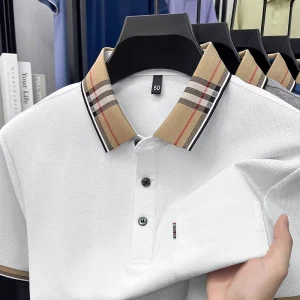 Men’s Polo Shirt Plaid Collar Short Sleeve Cotton Pique Casual Business Pocket T Shirt Summer Breathable Classic Golf Work Top