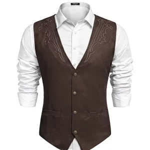Men’s Polyester Cotton V neck Single Breasted Cowboy Western Casual Slim Fit Solid Suit Vest Made in China