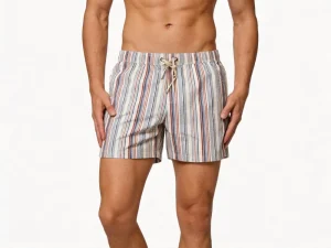 Men’s Polyester Mid Waist Striped Board Shorts Eco Friendly Waterproof Quick Dry Summer Breathable Swimwear Drawstring