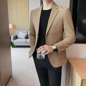 Men’s Premium British Slim Fit Blazer Wrinkle Resistant Single Breasted Business Casual Office Wear Tailored Modern Suit Jacket
