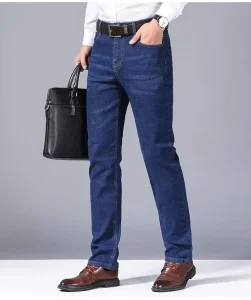 Men’s Premium Knitted Mid Waist Light Wash Straight Denim Jeans Breathable Formal Business Casual